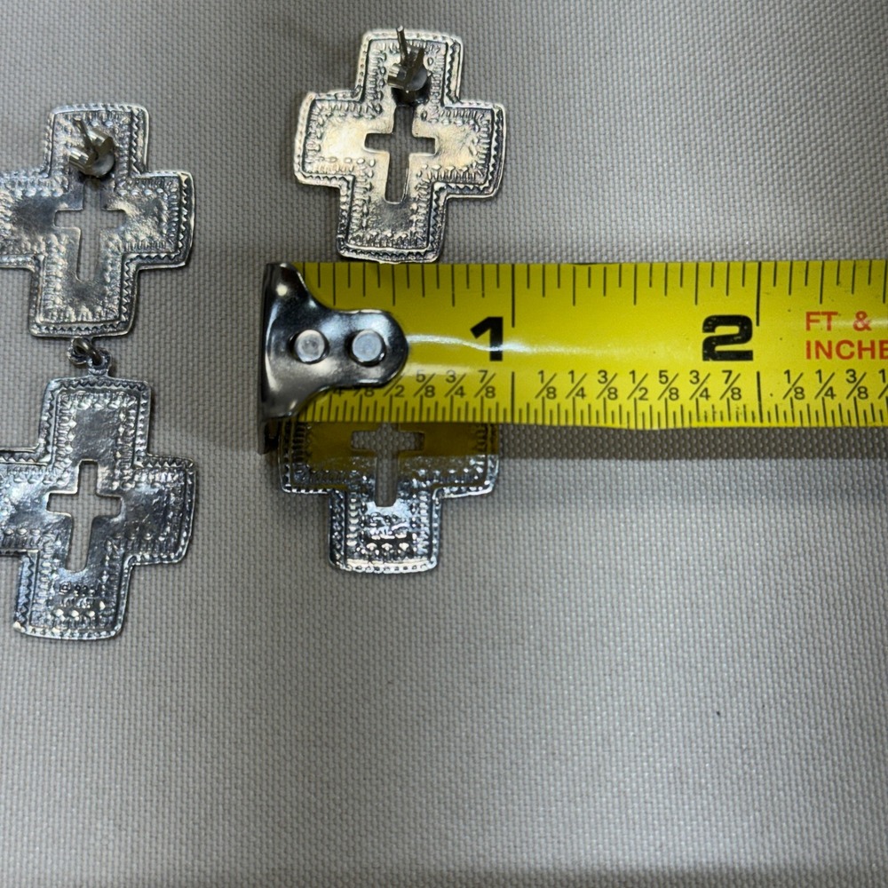 Sterling Silver 925 Thailand Double Cross Dangle Drop Earrings Stamped Etched - Picture 4 of 9